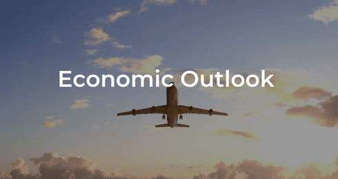 Airplane in sky banner representing Economic Outlook