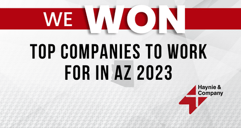 We won: Top companies to work for in Arizona 2023, Haynie logo.