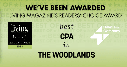 Awarded Best CPA in The Woodlands by Living Magazine Readers' Choice 2023, Haynie logo featured.