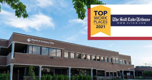 Haynie CPAs building with 2021 Top Workplaces award from The Salt Lake Tribune.