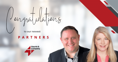 Haynie congratulates new partners with a celebratory graphic and smiling individuals.
