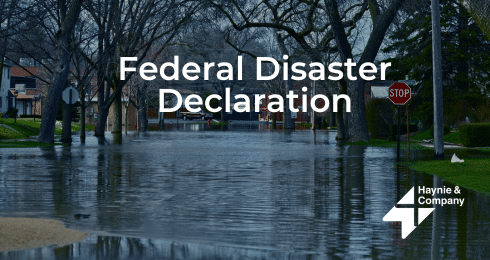 Flooded street with disaster declaration text and Haynie logo.