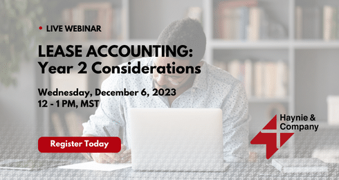 Live webinar banner on lease accounting considerations by Haynie, December 6, 2023.