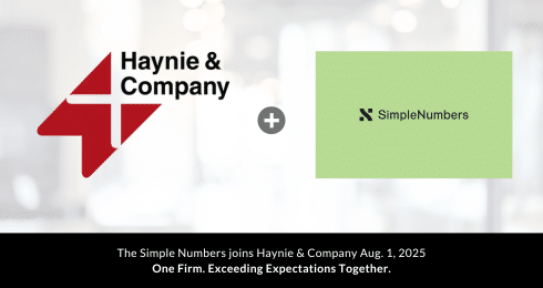 Haynie logo merging with SimpleNumbers logo, joining on Aug. 1, 2025, with partnership message.