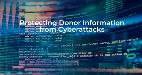 Protecting Donor Information from Cyberattacks text over coding background.