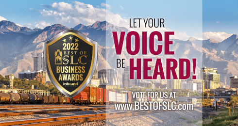 Best of SLC Business Awards 2022. Let your voice be heard! Vote at www.bestofslc.com with city skyline.