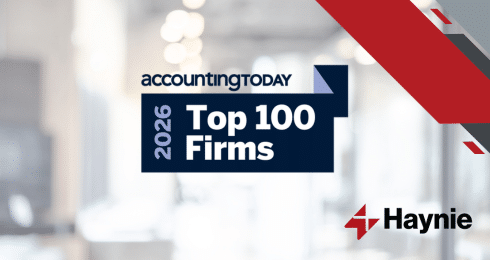 2026 Accounting Today Top 100 Firms award with Haynie logo on a blurred background.