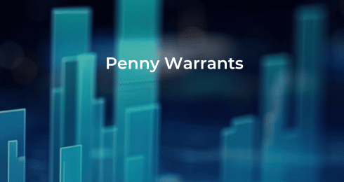 Penny Warrants text with abstract blue graph bars in the background.