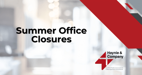Summer office closures announcement by Haynie with logo in red and black.
