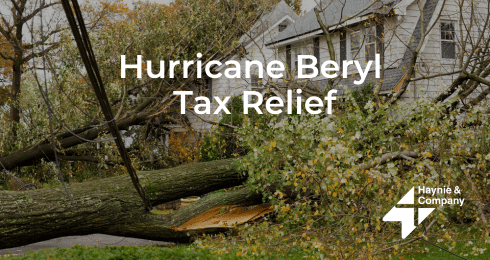 Hurricane Beryl tax relief information by Haynie with fallen tree on house background.
