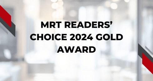 MRT Readers' Choice 2024 Gold Award text on a blurred background with red and gray accents.