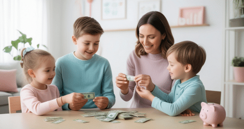 Family counting money and learning about savings at home.