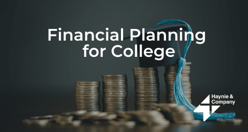 Financial planning for college text with stacked coins and graduation cap.