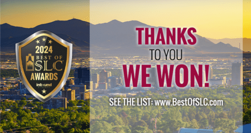 2024 Best of SLC Awards winner announcement over Salt Lake City skyline.