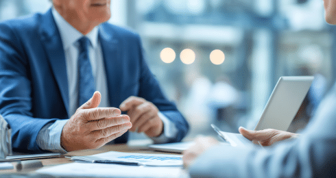 Business meeting discussion at a table with documents and a laptop.