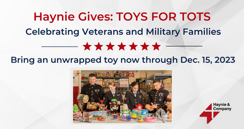 Haynie Gives: TOYS FOR TOTS event for veterans and military families. Donate by Dec. 15, 2023.
