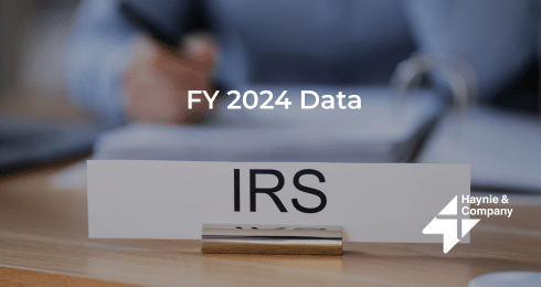IRS office desk with FY 2024 Data document and Haynie logo.
