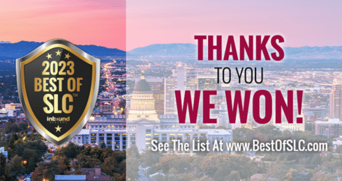 2023 Best of SLC award badge with text Thanks to You We Won! over Salt Lake City skyline.
