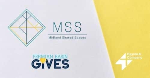 Logos of Midland Shared Spaces, Permian Basin Gives, and Haynie on a white and yellow background.