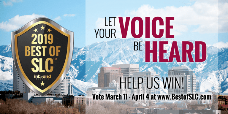 2019 Best of SLC badge, snow-capped mountains, city skyline, voting info March 11 - April 4 at BestofSLC.com.