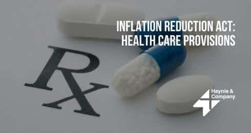 Inflation Reduction Act: Health care provisions shown with pills on RX background.