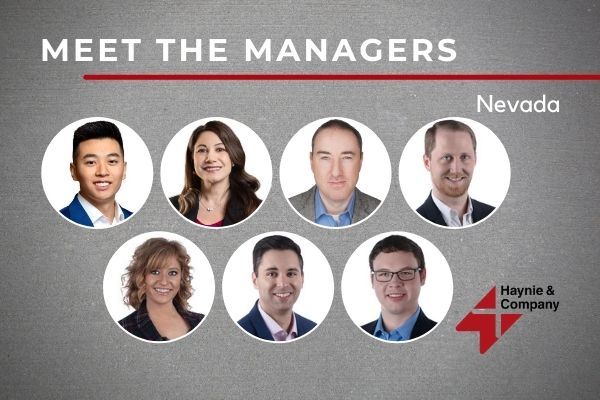 Meet the Managers of Haynie in Nevada with seven portraits on a gray background.