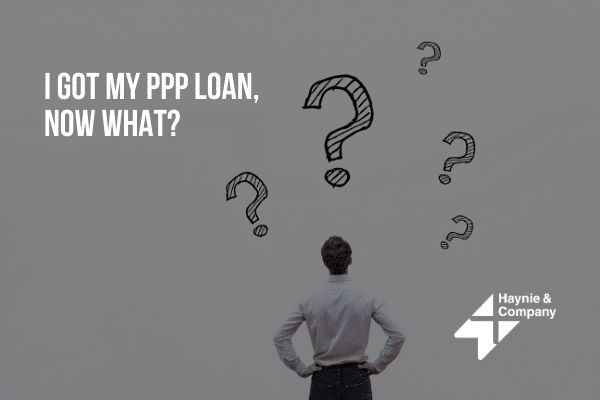 A person pondering PPP loan with question marks and Haynie logo.