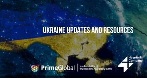 Ukraine updates and resources by PrimeGlobal and Haynie over a satellite map of Ukraine.
