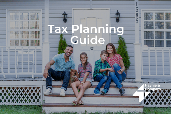 Family on porch with Tax Planning Guide text and Haynie logo.
