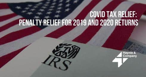 IRS document with American flag promoting COVID tax relief for 2019 and 2020 returns by Haynie.