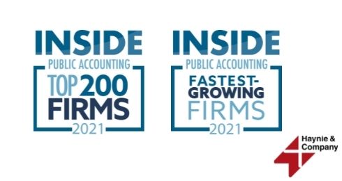 Inside Public Accounting 2021 badges for Top 200 and Fastest-Growing Firms, Haynie logo.