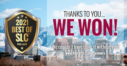 2021 Best of SLC award with city skyline and 'We Won' announcement.