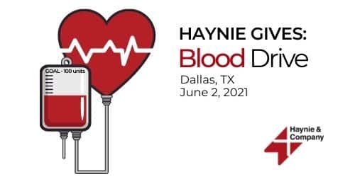 Blood Drive poster with heart and IV bag graphic, Haynie logo, Dallas, TX, June 2, 2021.