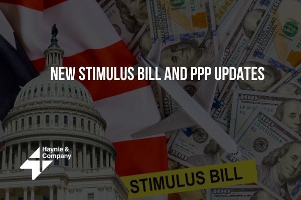 New stimulus bill and PPP updates with Capitol building, plane, and money background.