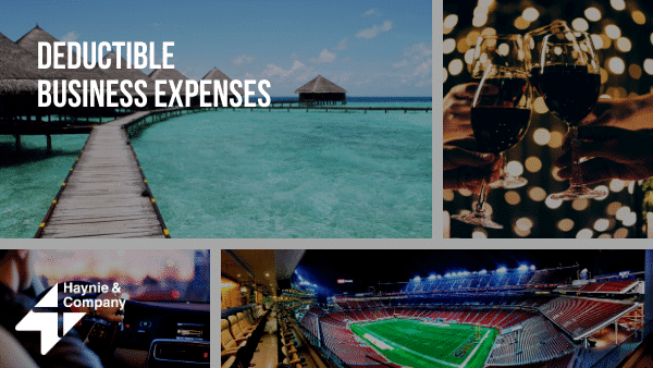 Deductible business expenses including travel, dining, and sports events. Haynie logo displayed.