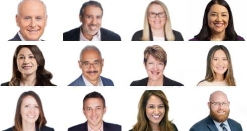 A diverse group of smiling professionals in a grid layout.