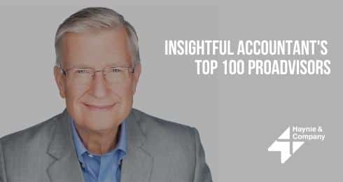 Insightful Accountant's Top 100 ProAdvisors award, featuring a smiling man in a suit and Haynie logo.