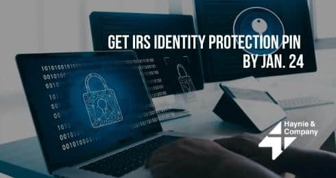 IRS Identity Protection PIN reminder with lock icon on laptop screen.
