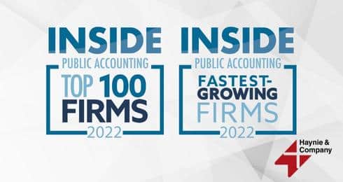 Inside Public Accounting awards 2022: Top 100 Firms and Fastest-Growing Firms logos with Haynie.