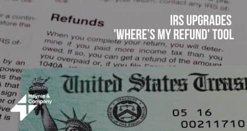 IRS updates 'Where's My Refund' tool, Haynie logo, close-up of U.S. Treasury check.
