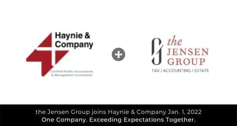 Logos of Haynie and The Jensen Group announcing their partnership starting January 1, 2022.