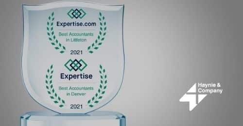 Award plaque for Best Accountants in Littleton and Denver 2021 by Expertise.com with Haynie logo.