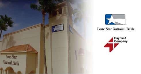 Lone Star National Bank building exterior with logos of Lone Star National Bank and Haynie.
