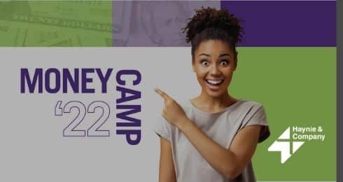 Woman excitedly pointing at Money Camp '22 with Haynie logo.