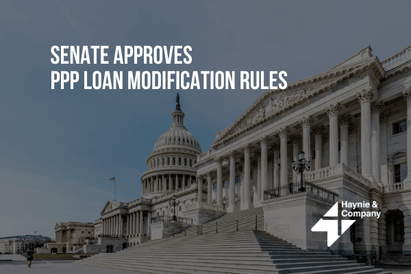 Senate approves PPP loan modification rules, Capitol building in background. Haynie logo on the image.