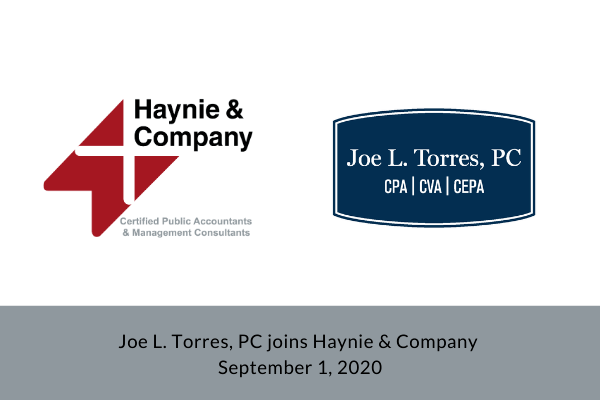 Joe L. Torres, PC joins Haynie on September 1, 2020, logo and partnership announcement.