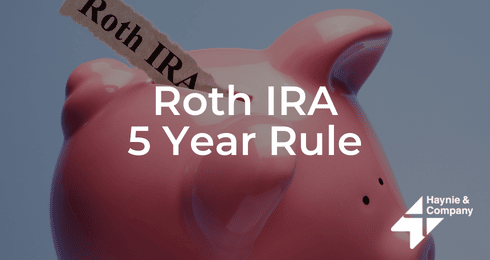 Pink piggy bank labeled Roth IRA 5 Year Rule with Haynie logo.