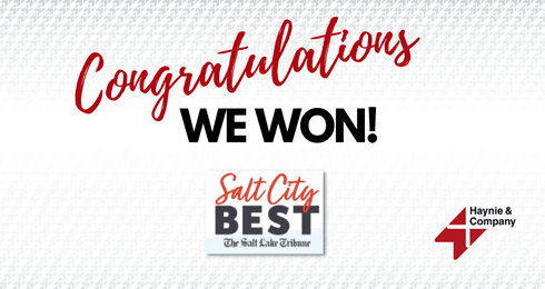 Congratulations message with We Won! and Salt City Best award for Haynie.
