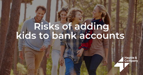 Group of people walking outdoors with text, Risks of adding kids to bank accounts.