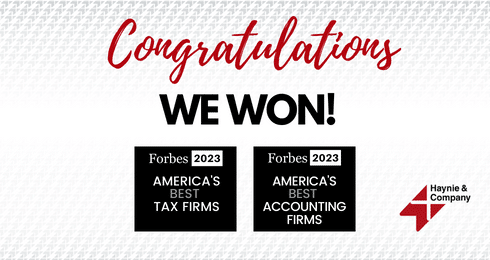 Congratulations message for Haynie winning Forbes 2023 Best Tax and Accounting Firms awards.